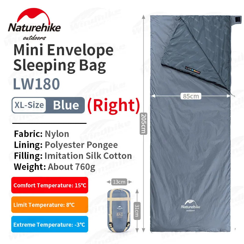 Naturehike-saco de dormir de algodón ultraligero para acampar, impermeable para pareja individual saco de dormir, senderismo turístico, primavera y verano, LW180
