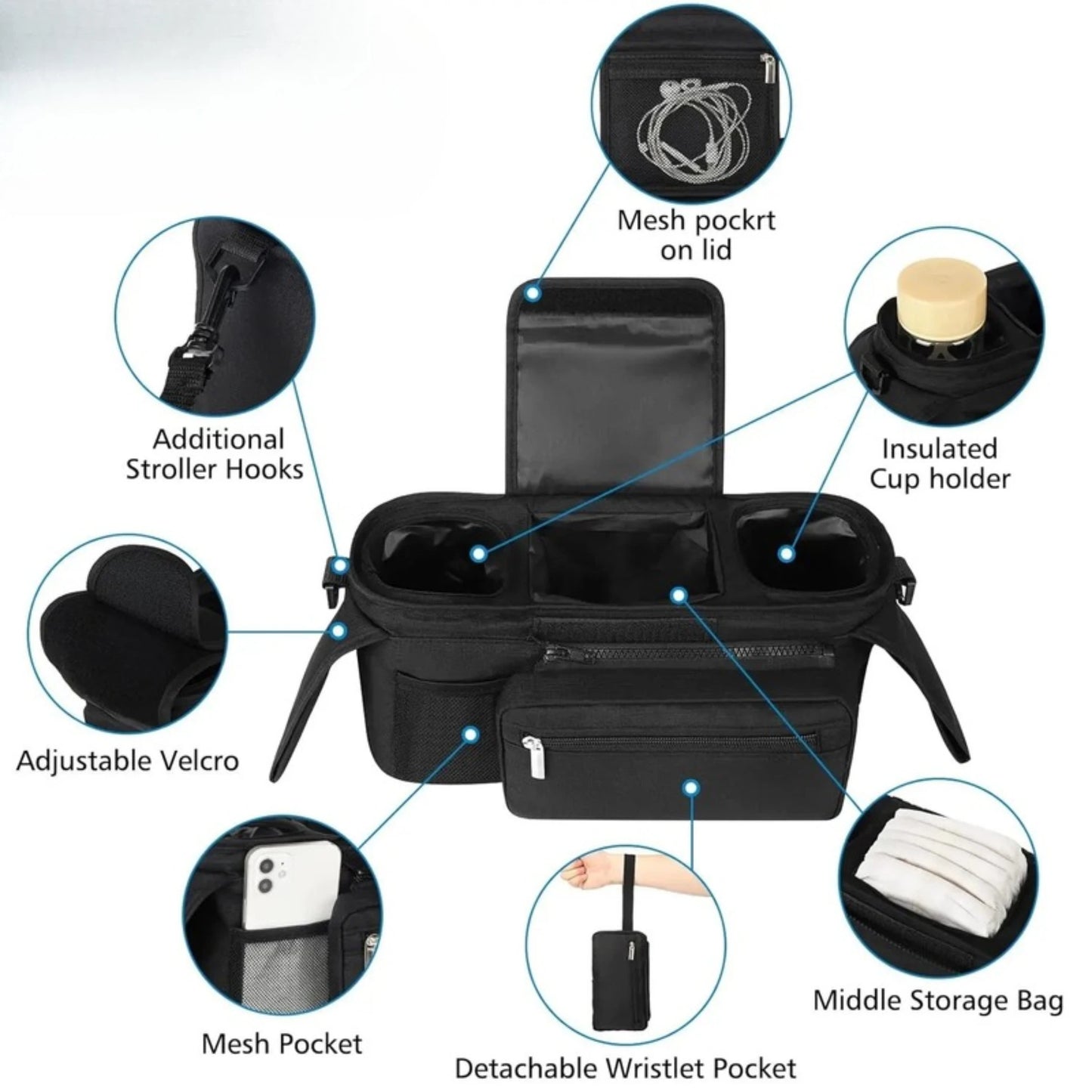 GoEasy Organizer – Bolsa Universal para Carrito de Bebé con Porta Vasos, Bolsa para Móvil y Correa de Hombro