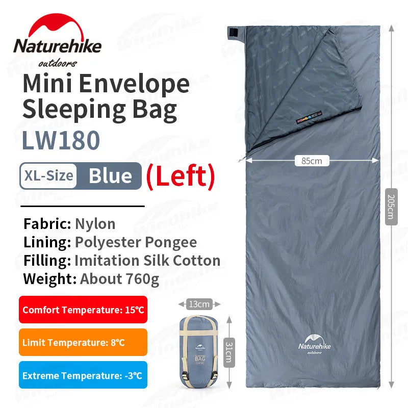 Naturehike-saco de dormir de algodón ultraligero para acampar, impermeable para pareja individual saco de dormir, senderismo turístico, primavera y verano, LW180