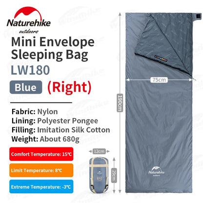 Naturehike-saco de dormir de algodón ultraligero para acampar, impermeable para pareja individual saco de dormir, senderismo turístico, primavera y verano, LW180