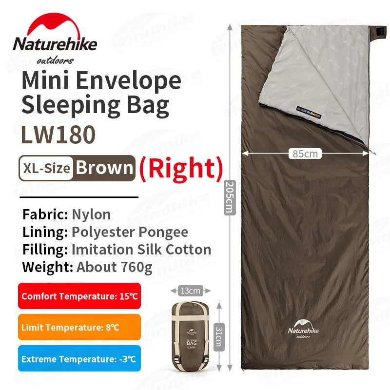 Naturehike-saco de dormir de algodón ultraligero para acampar, impermeable para pareja individual saco de dormir, senderismo turístico, primavera y verano, LW180