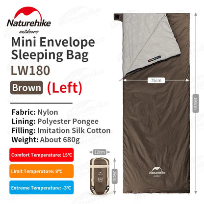 Naturehike-saco de dormir de algodón ultraligero para acampar, impermeable para pareja individual saco de dormir, senderismo turístico, primavera y verano, LW180
