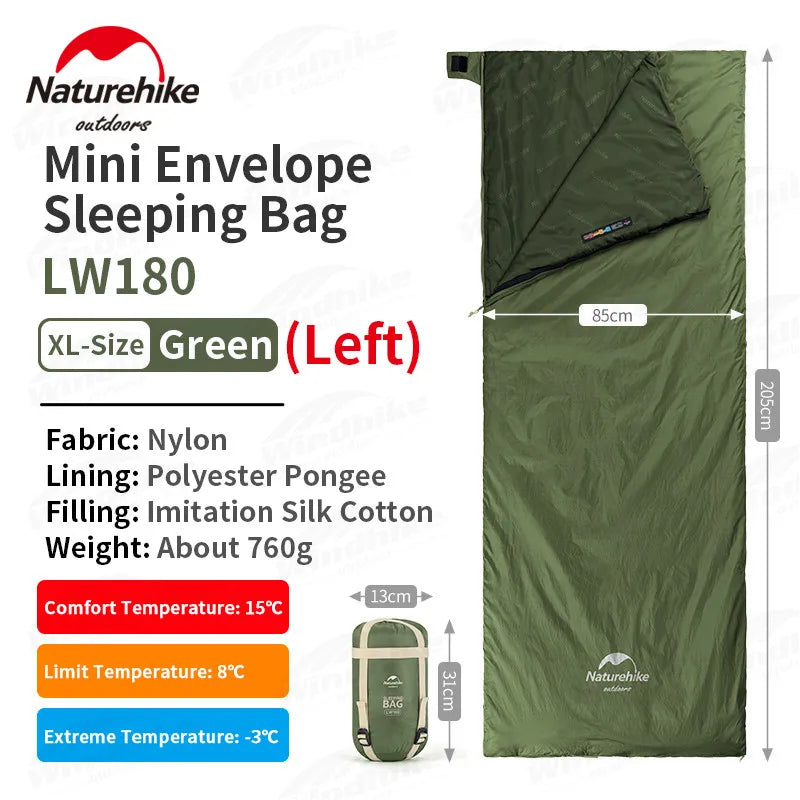 Naturehike-saco de dormir de algodón ultraligero para acampar, impermeable para pareja individual saco de dormir, senderismo turístico, primavera y verano, LW180