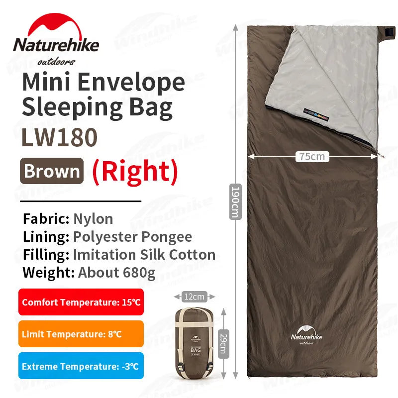 Naturehike-saco de dormir de algodón ultraligero para acampar, impermeable para pareja individual saco de dormir, senderismo turístico, primavera y verano, LW180
