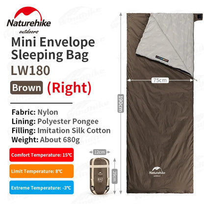 Naturehike-saco de dormir de algodón ultraligero para acampar, impermeable para pareja individual saco de dormir, senderismo turístico, primavera y verano, LW180