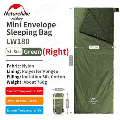 Naturehike-saco de dormir de algodón ultraligero para acampar, impermeable para pareja individual saco de dormir, senderismo turístico, primavera y verano, LW180